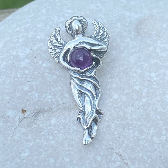 Dream Angel Pendant solid .925 Sterling Silver w/ genuine Amethyst made in USA - Picture 9 of 12